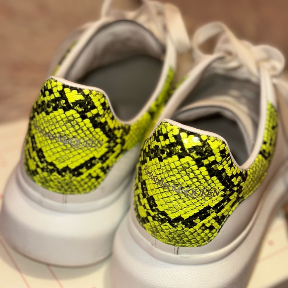 Alexander McQueen White and Neon Yellow Snake Print Sneakers
